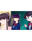 Anime girl desk pad 40x20 inches with school uniform trio, teal chalkboard backdrop, cute chaotic vibe.