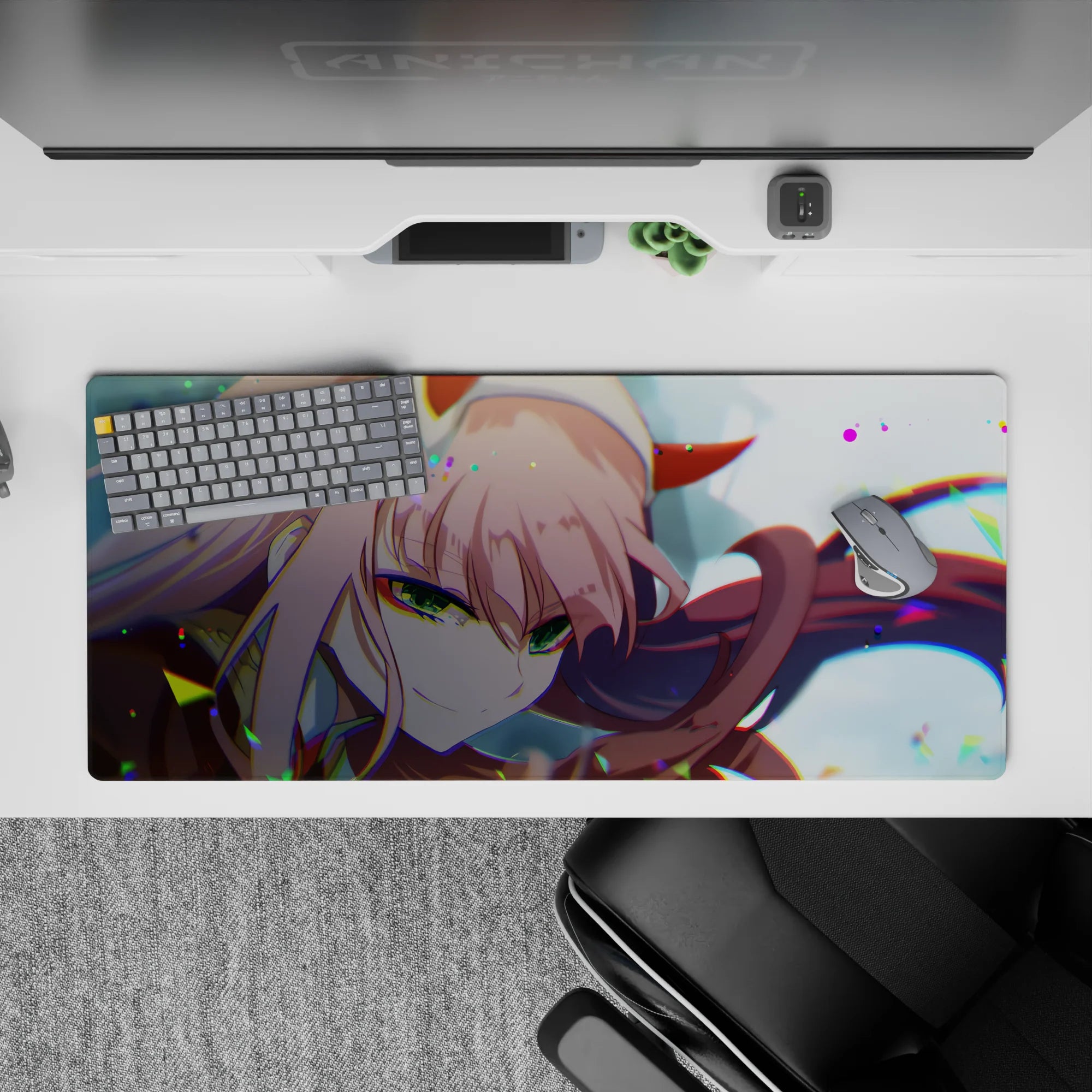 Striking 36x16 desk pad highlights Zero Two's intensity and flowing locks with vivid artistic detail