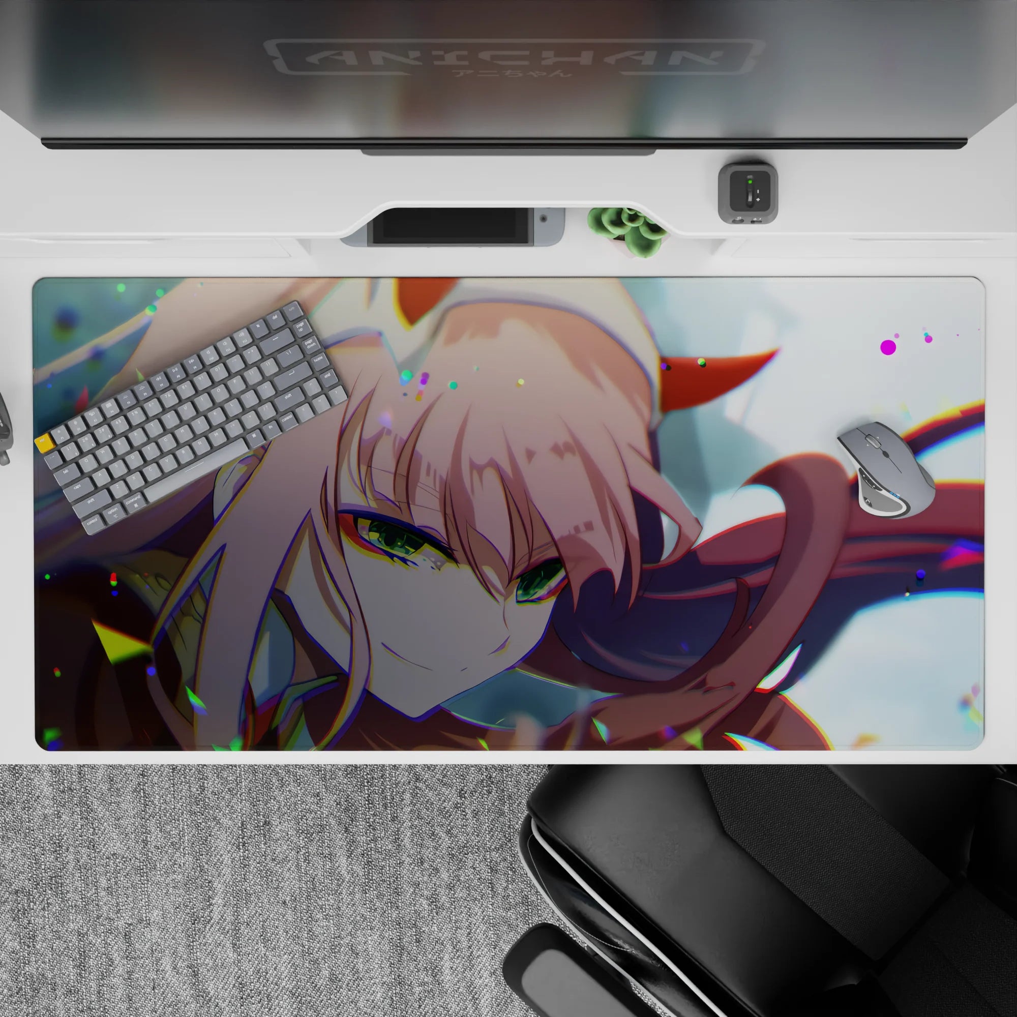 Vibrant 40x20 desk pad showcases Zero Two's captivating close-up with bursts of color for fan admiration