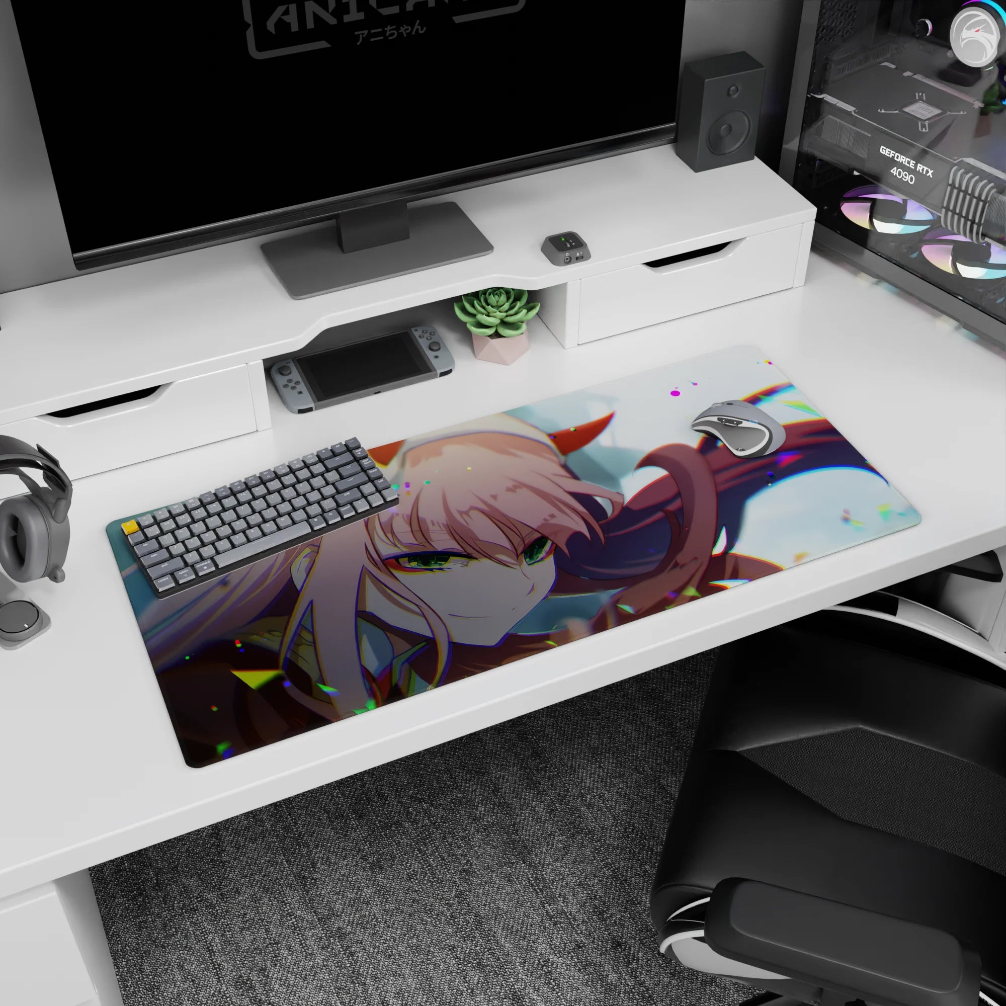 Colorful artwork on 36x16 desk mat captures Zero Two's bold energy and alluring presence in stunning fashion