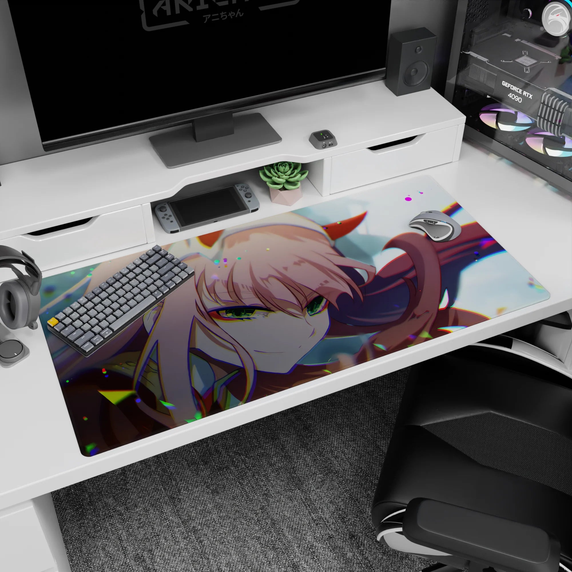 Mesmerizing design on 40x20 desk mat perfect for celebrating Zero Two's strength and beauty