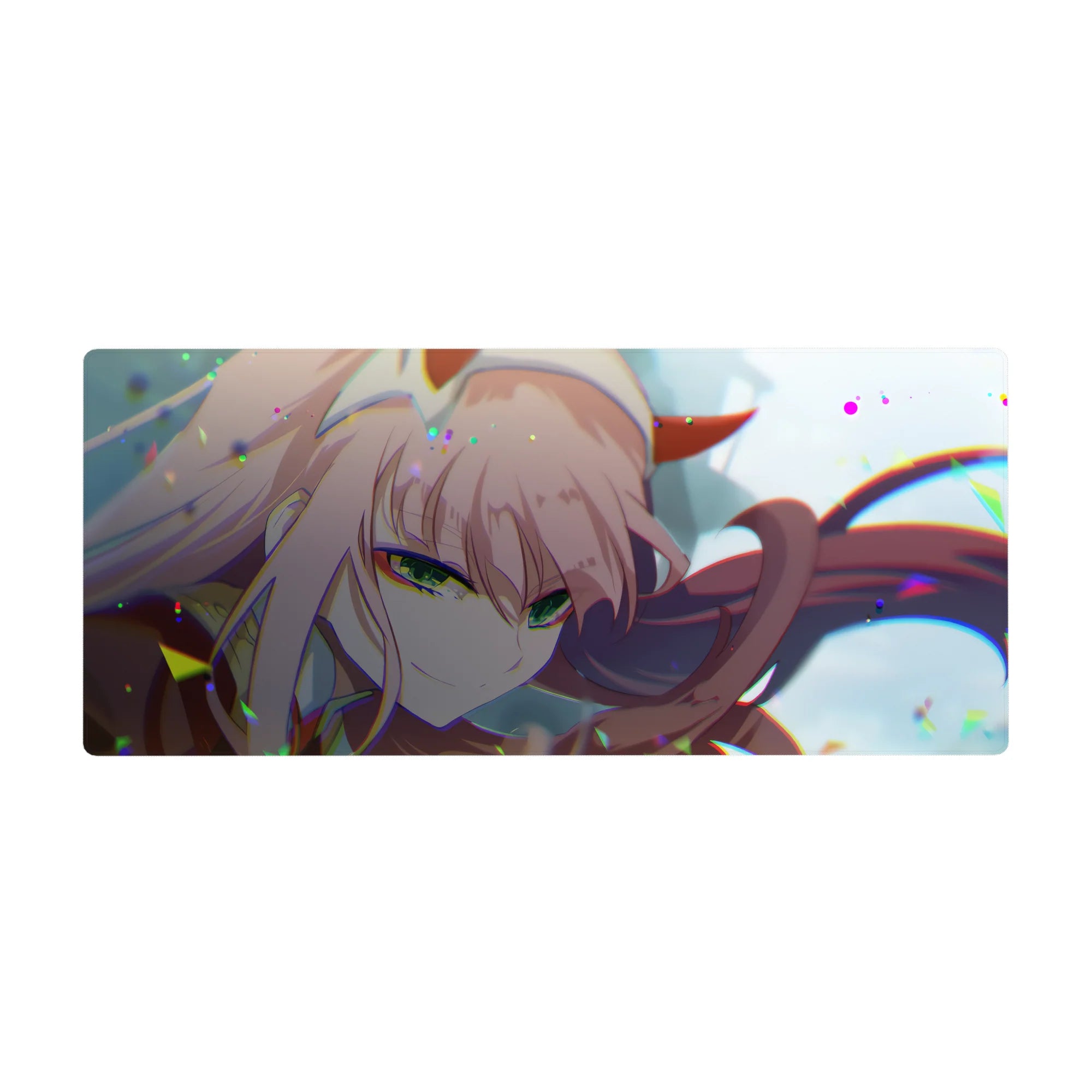 Zero Two desk mat 36x16 with green eyes and pink hair for immersive anime-inspired decor and setups