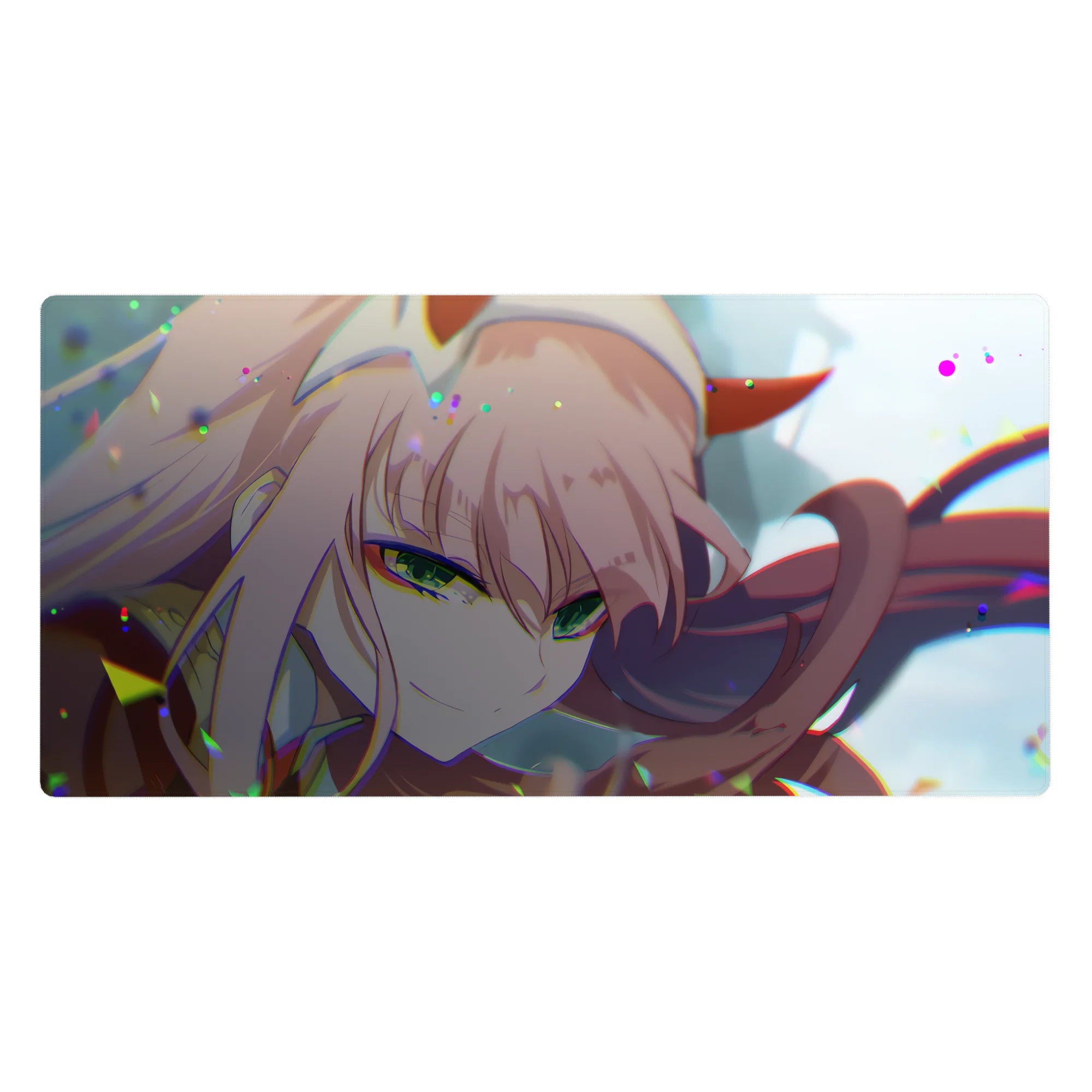 Zero Two desk mat 40x20 featuring intense green eyes and pink hair for bold Darling in the Franxx style