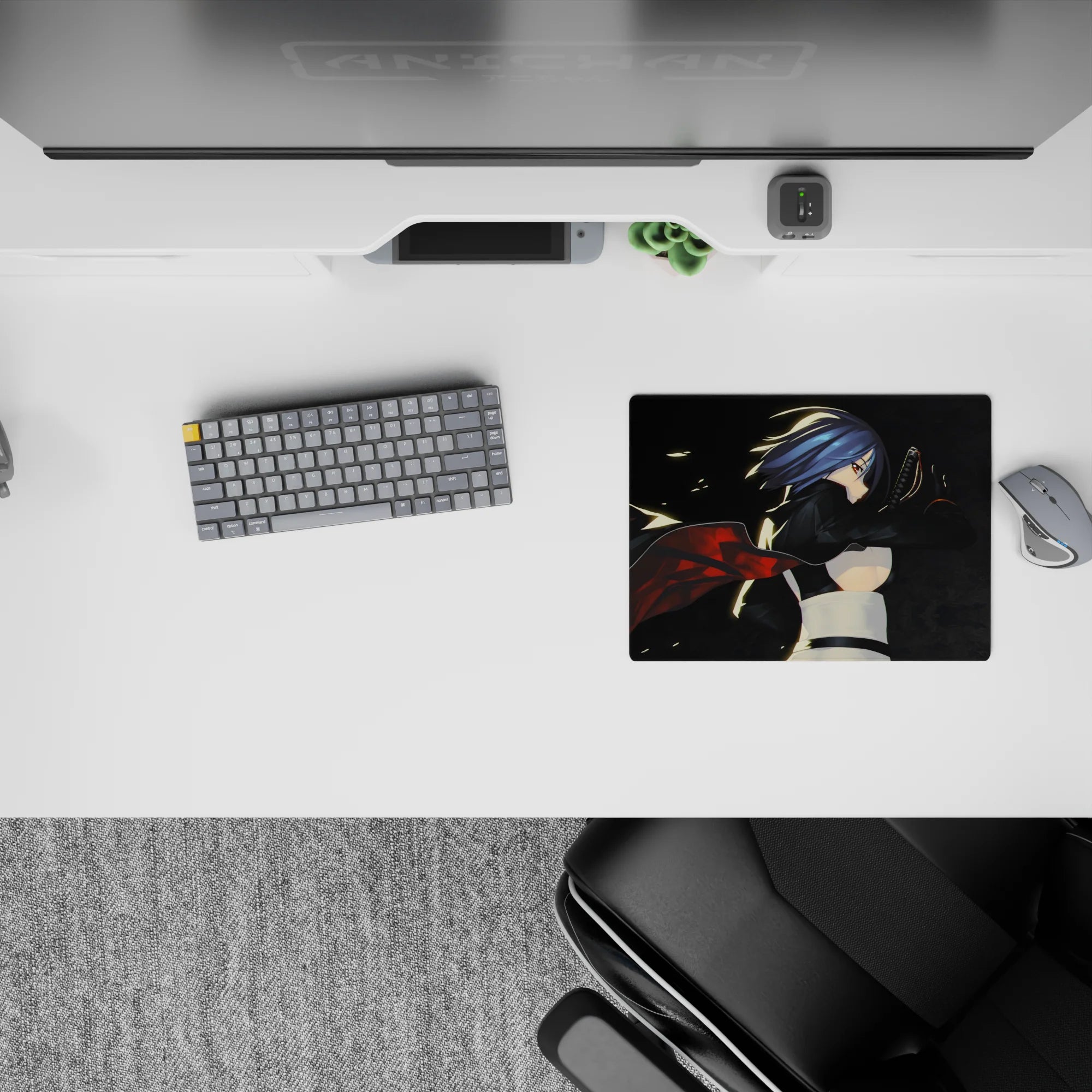 14x10 inches classic anime girl mouse pad in moody midnight tones, smoky blacks with hot red ember streaks.