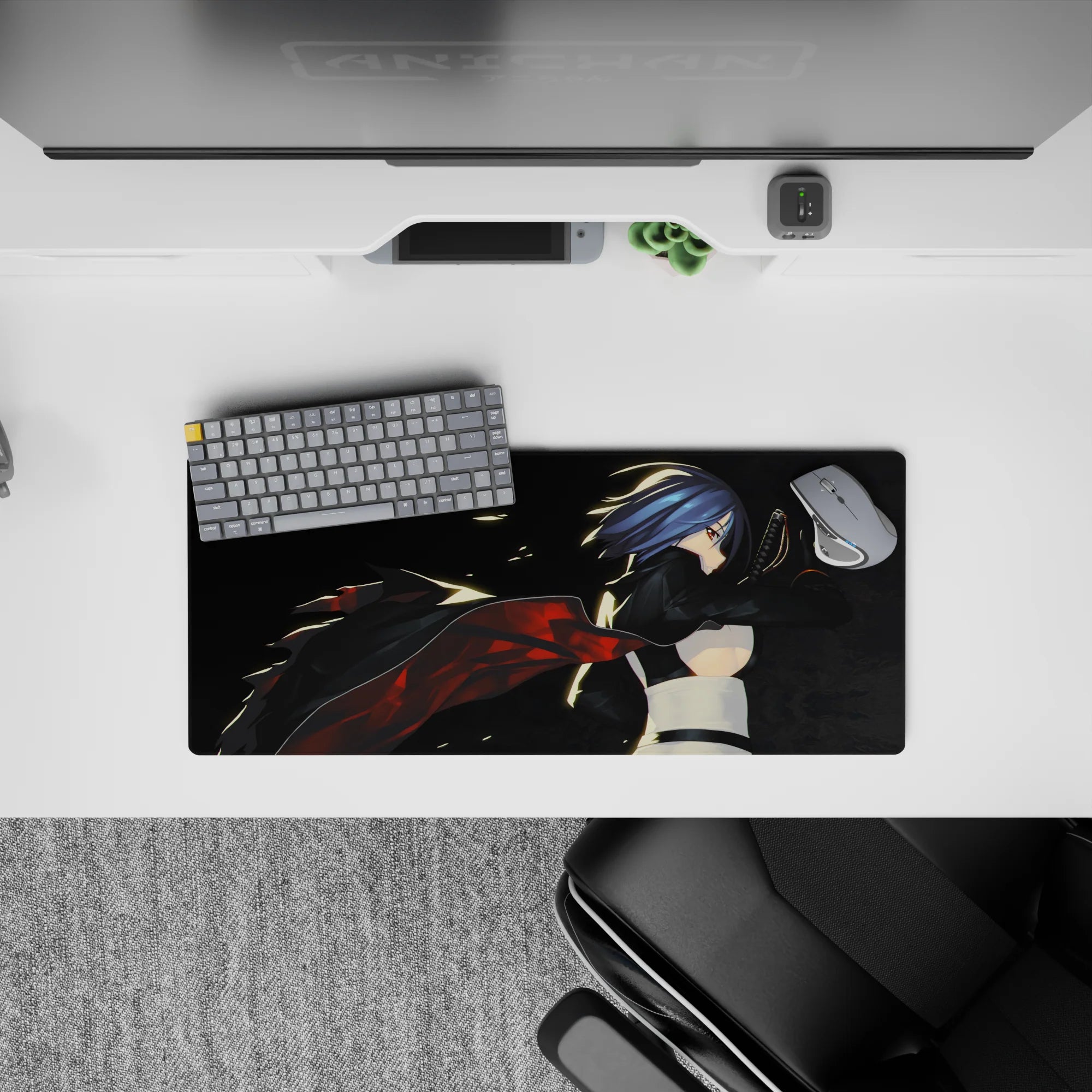 28x12 inches anime desk mouse pad in smoky blacks with hot red ember streaks, midnight assassin mood.