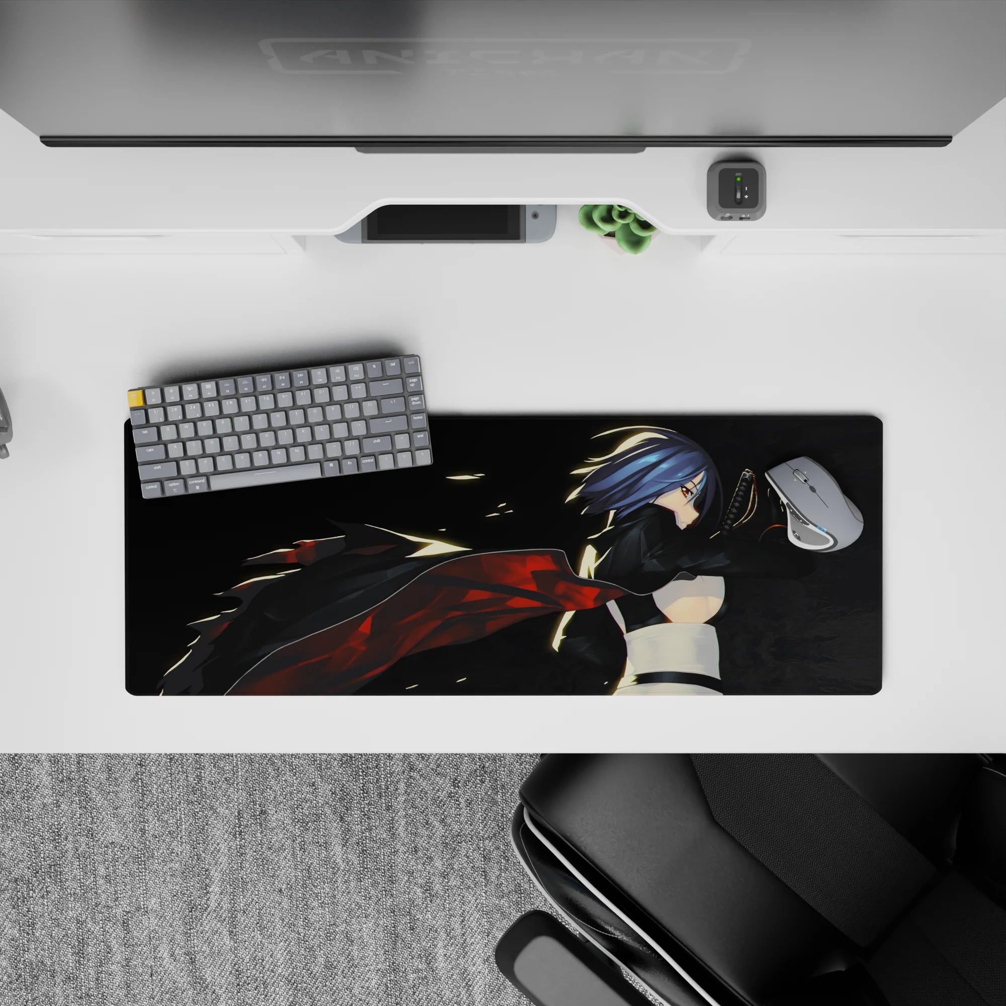 Anime girl mouse pad 32x12 inches in smoky black with hot red ember streaks and neon edge glow.
