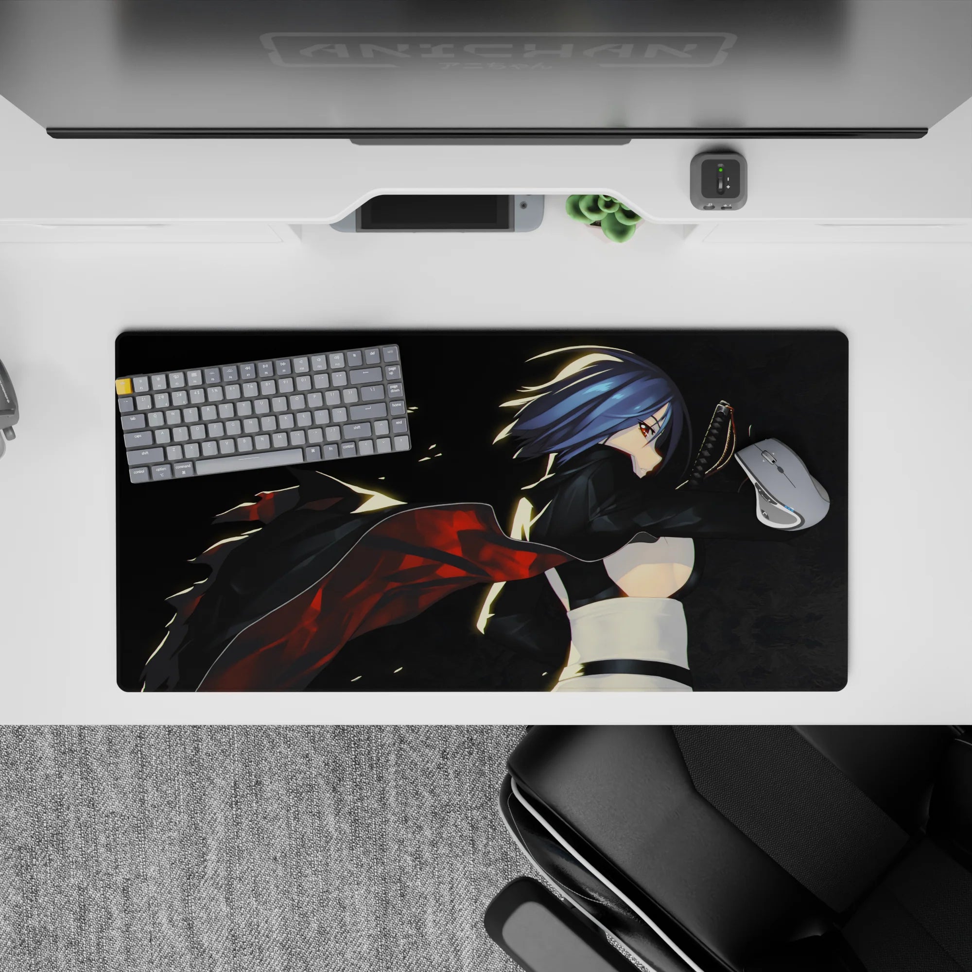 32x16 inches anime mouse pad in smoky black with hot red ember streaks and a cool neon glow edge.