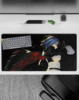 32x16 inches anime mouse pad in smoky black with hot red ember streaks and a cool neon glow edge.