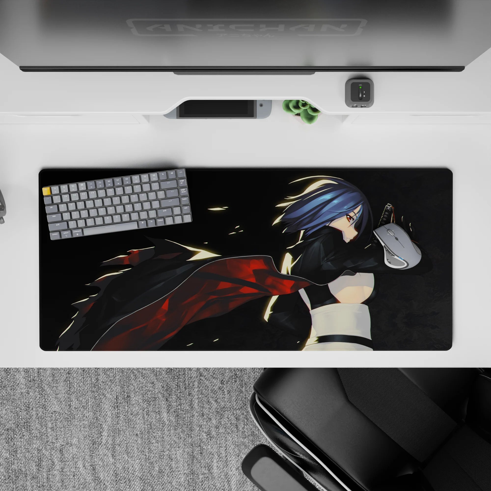 36x16 inches anime desk pad in midnight assassin mood, smoky blacks with hot red ember streaks and glow edges.