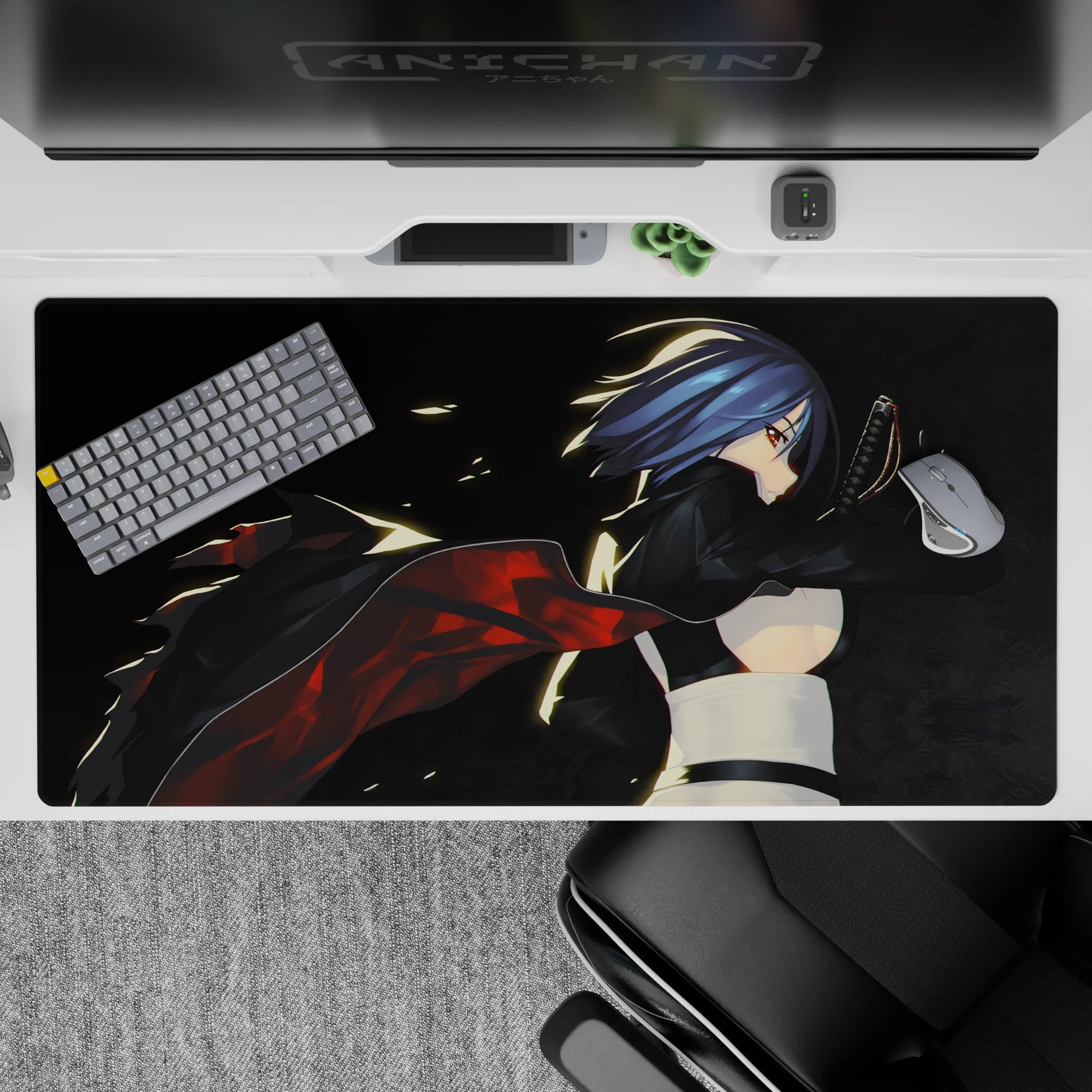 Midnight assassin aesthetic desk pad 40x20 inches in smoky black with hot red ember streaks.