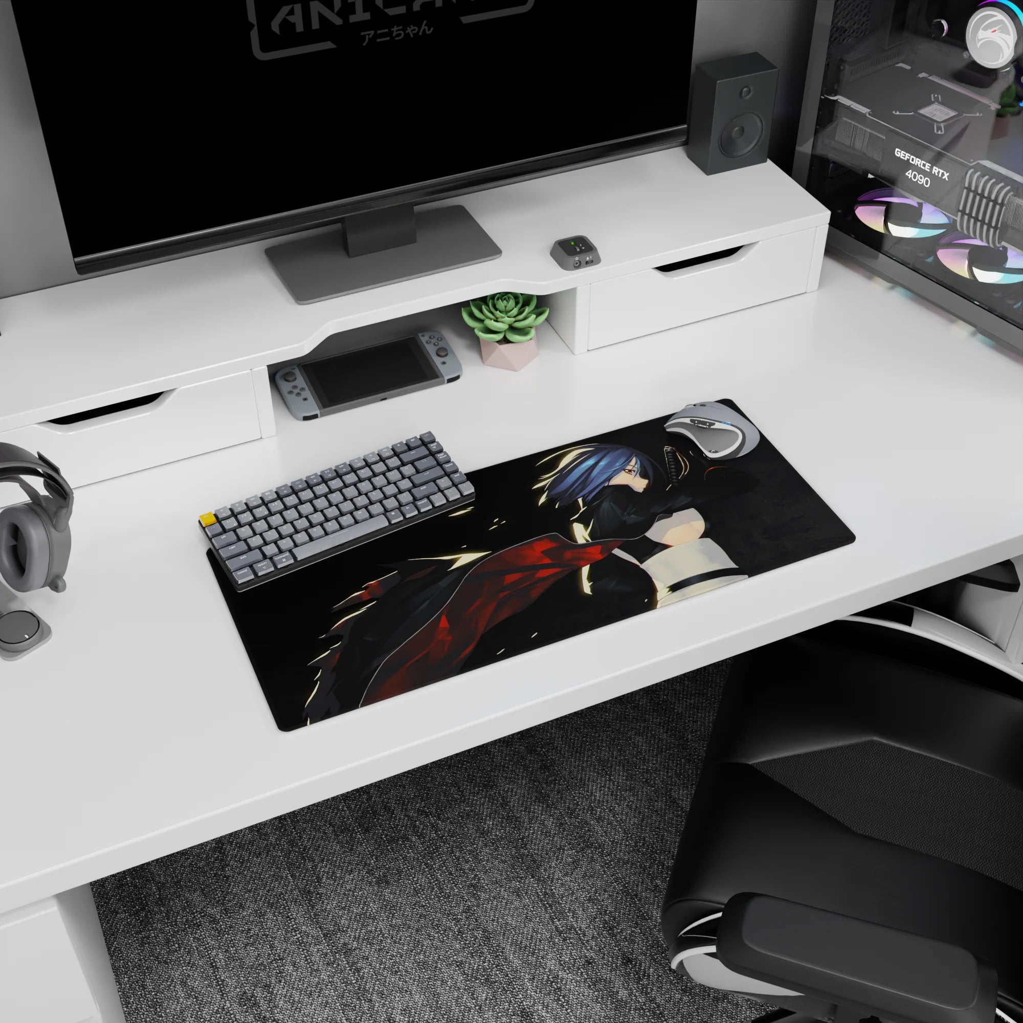 28x12 inches extended mouse pad showing blue-haired heroine with katana, wind-whipped cape in shadows.