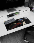28x12 inches extended mouse pad showing blue-haired heroine with katana, wind-whipped cape in shadows.