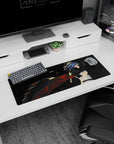 Anime girl mouse pad 32x12 inches showing a blue-haired swordswoman in shadow, katana drawn at midnight.