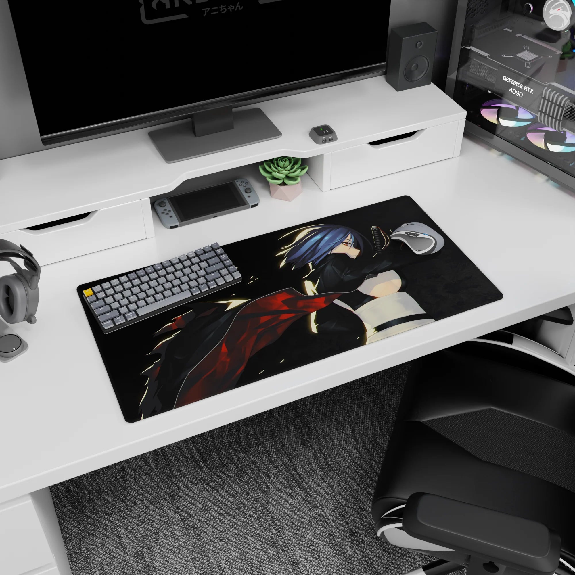 32x16 inches anime girl desk mat showing a blue-haired swordswoman poised with katana in midnight fog.