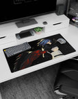 32x16 inches anime girl desk mat showing a blue-haired swordswoman poised with katana in midnight fog.