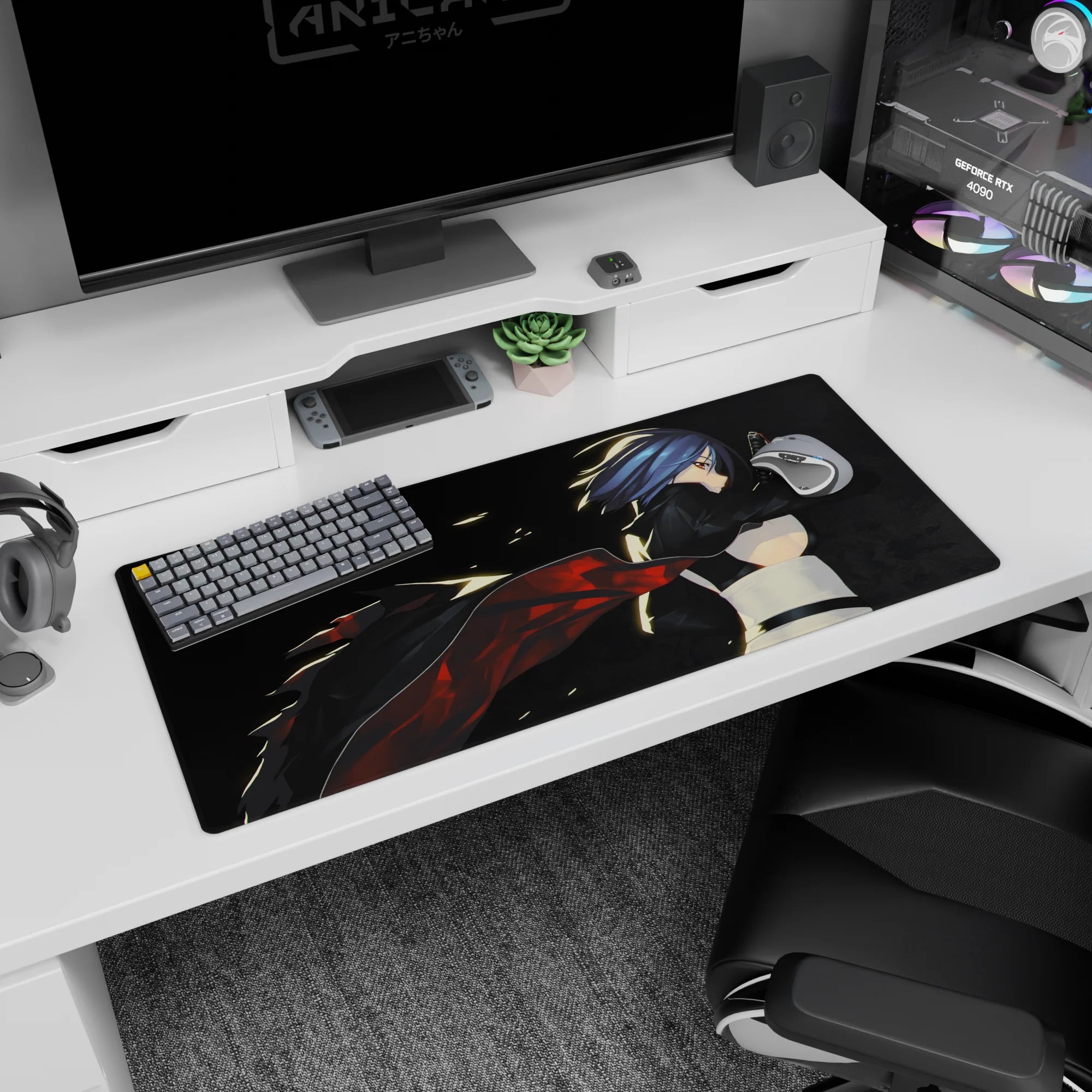 Blue-haired anime swordswoman on a 36x16 inches desk pad, katana drawn, cape snapping through dark smoke.