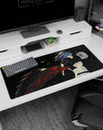Blue-haired anime swordswoman on a 36x16 inches desk pad, katana drawn, cape snapping through dark smoke.