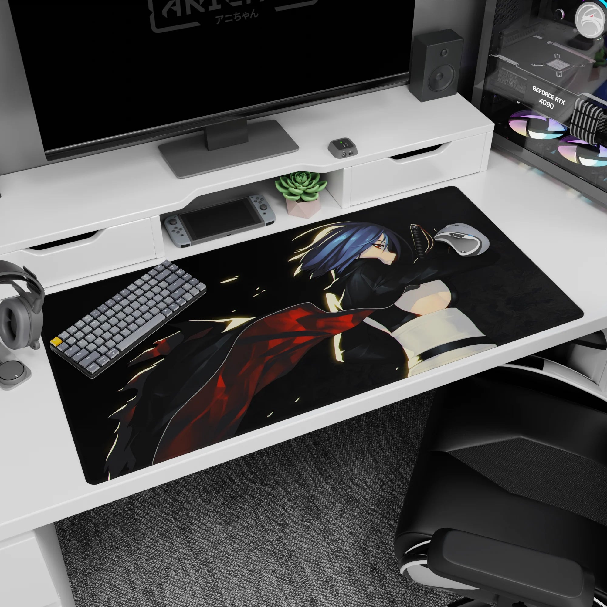 Blue-haired anime swordswoman on desk pad 40x20 inches, katana drawn amid shadowy smoke and glow.