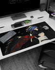 Blue-haired anime swordswoman on desk pad 40x20 inches, katana drawn amid shadowy smoke and glow.