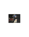 14x10 inches classic anime girl mouse pad with blue-haired katana heroine, cape, smoky black and red art.