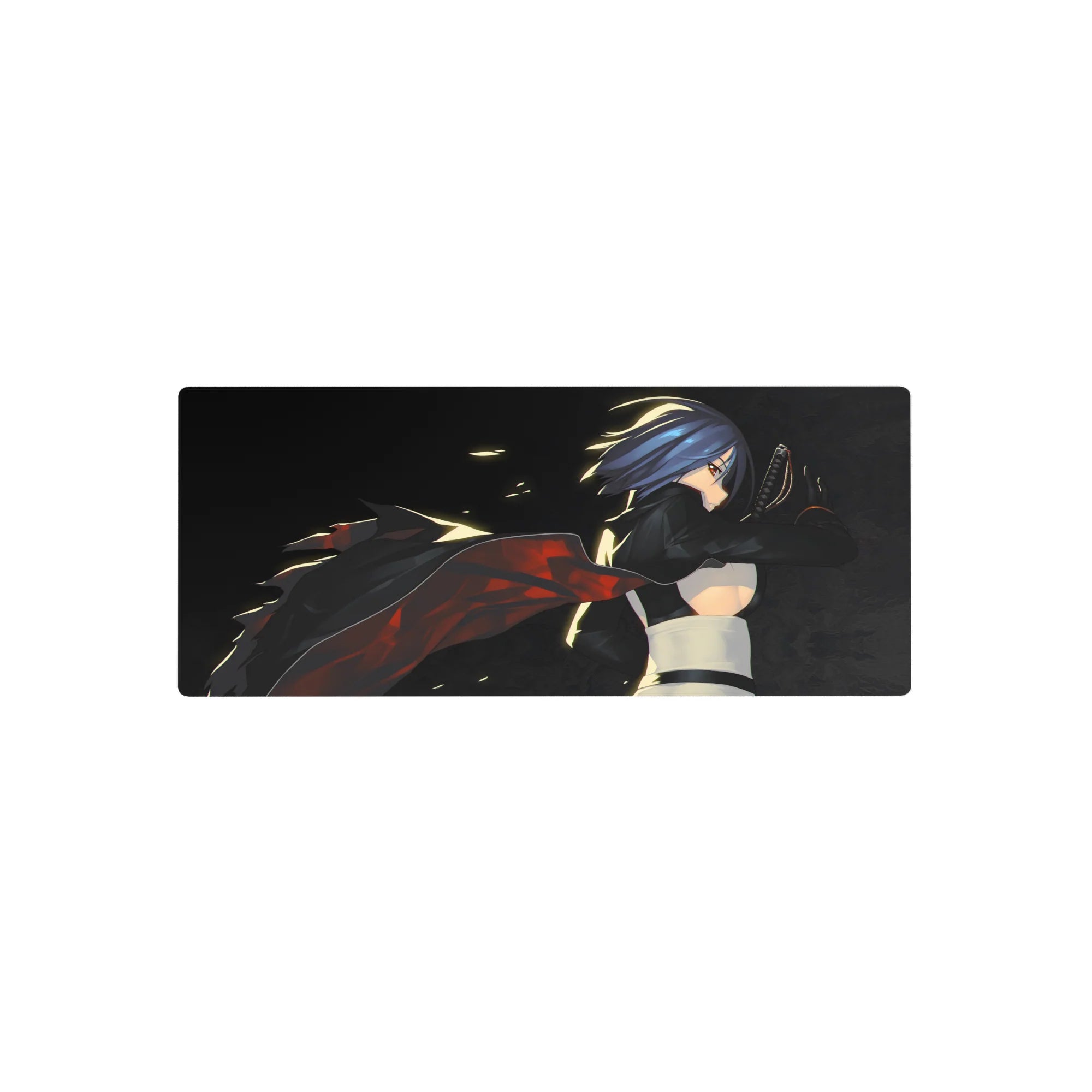 28x12 inches anime girl mouse pad with blue-haired katana assassin, cape and smoky action background.