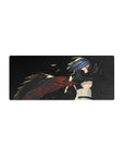 28x12 inches anime girl mouse pad with blue-haired katana assassin, cape and smoky action background.