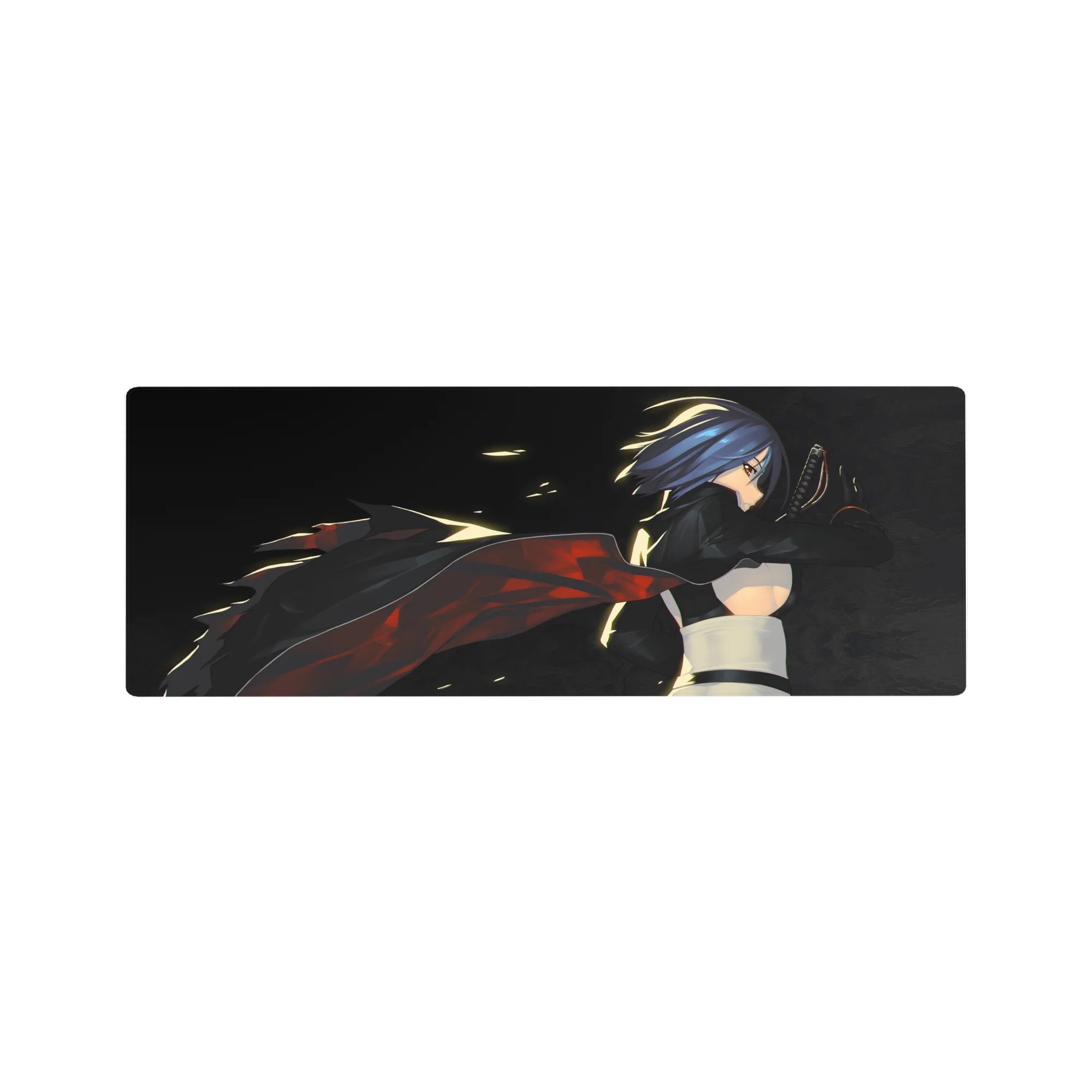 Anime girl mouse pad 32x12 inches with blue-haired katana assassin and flowing cape design.