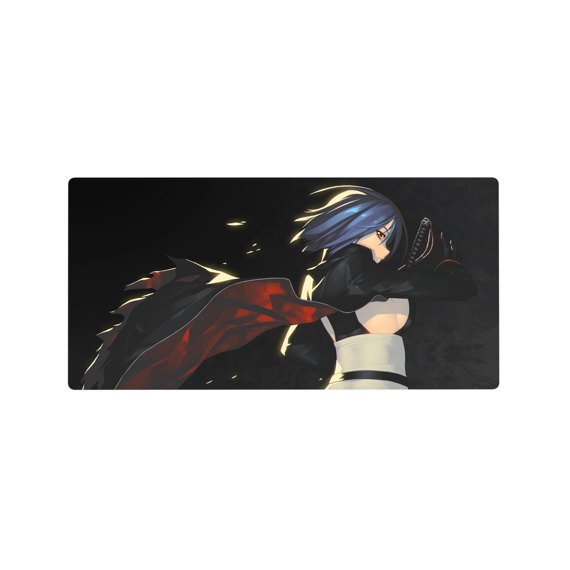 32x16 inches anime girl mouse pad with blue-haired katana heroine, flowing cape, and smoky action backdrop.