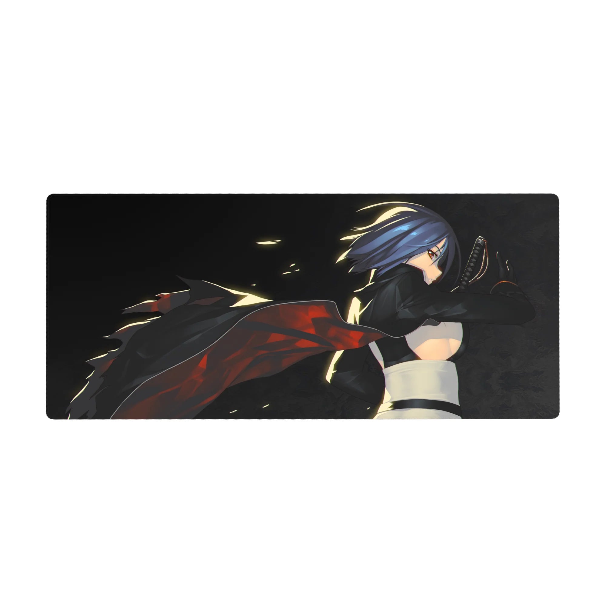 Anime girl desk pad 36x16 inches with blue-haired katana heroine, flowing cape, smoky black and red art.