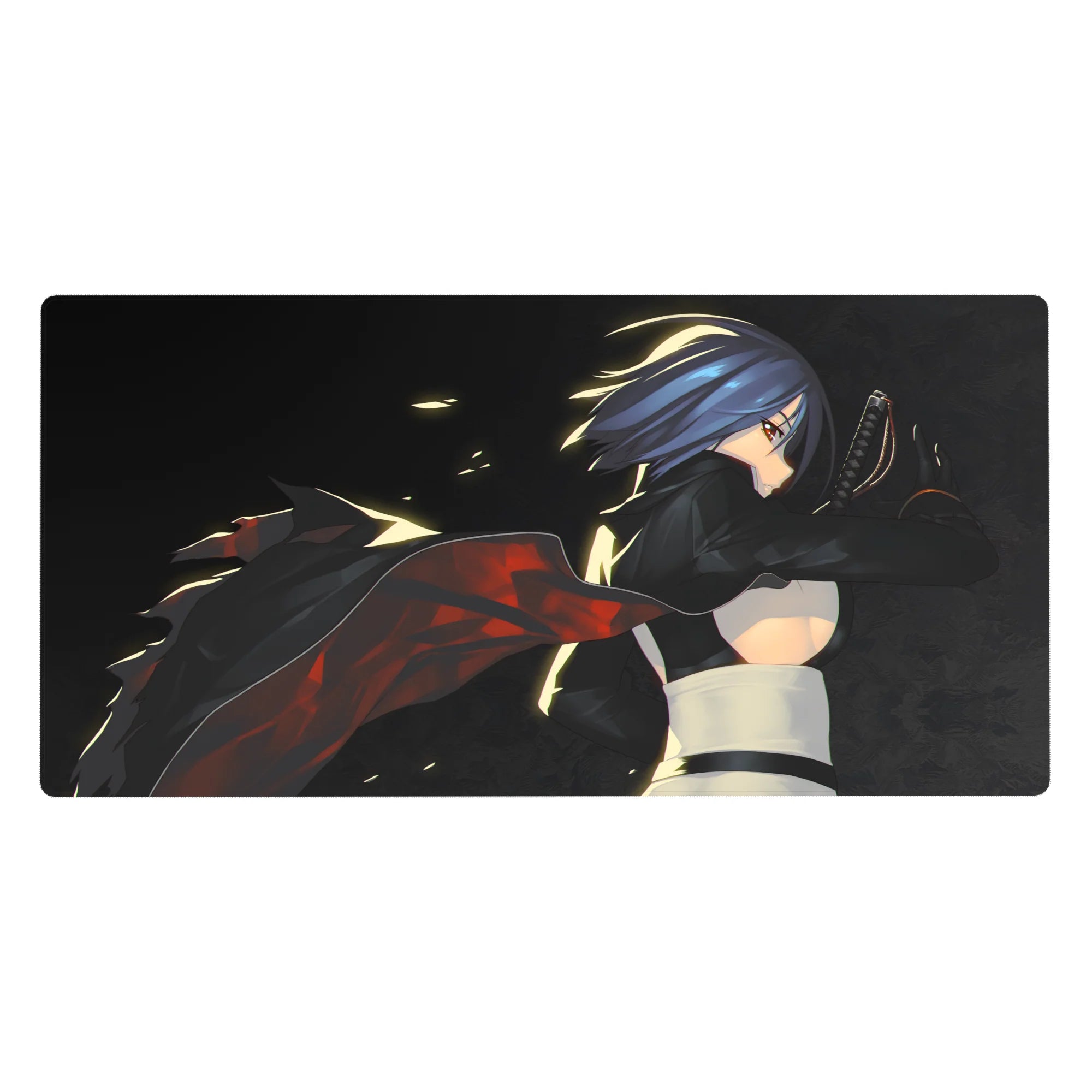 Anime girl desk pad 40x20 inches with blue-haired katana heroine, flowing cape, smoky backdrop.