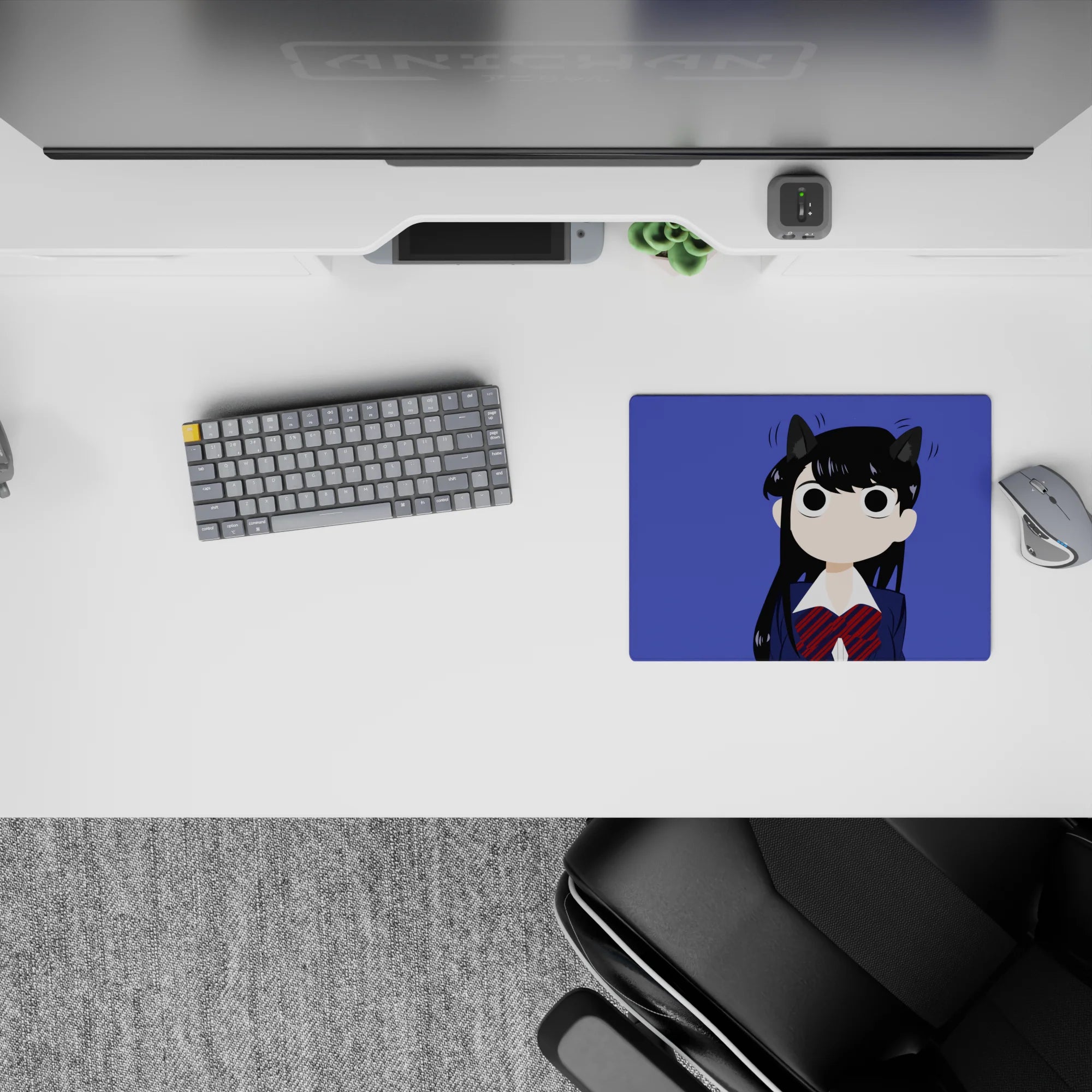 14x10 inches anime mouse pad in deep violet with navy uniform and red plaid bow, cute late-night vibes.