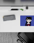 14x10 inches anime mouse pad in deep violet with navy uniform and red plaid bow, cute late-night vibes.