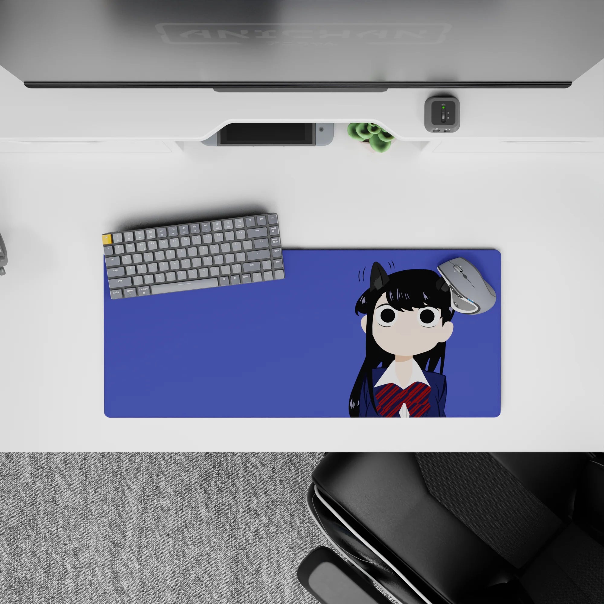 28x12 inches kawaii mouse pad in deep violet with navy and red accents, sweet mischievous cozy vibe.
