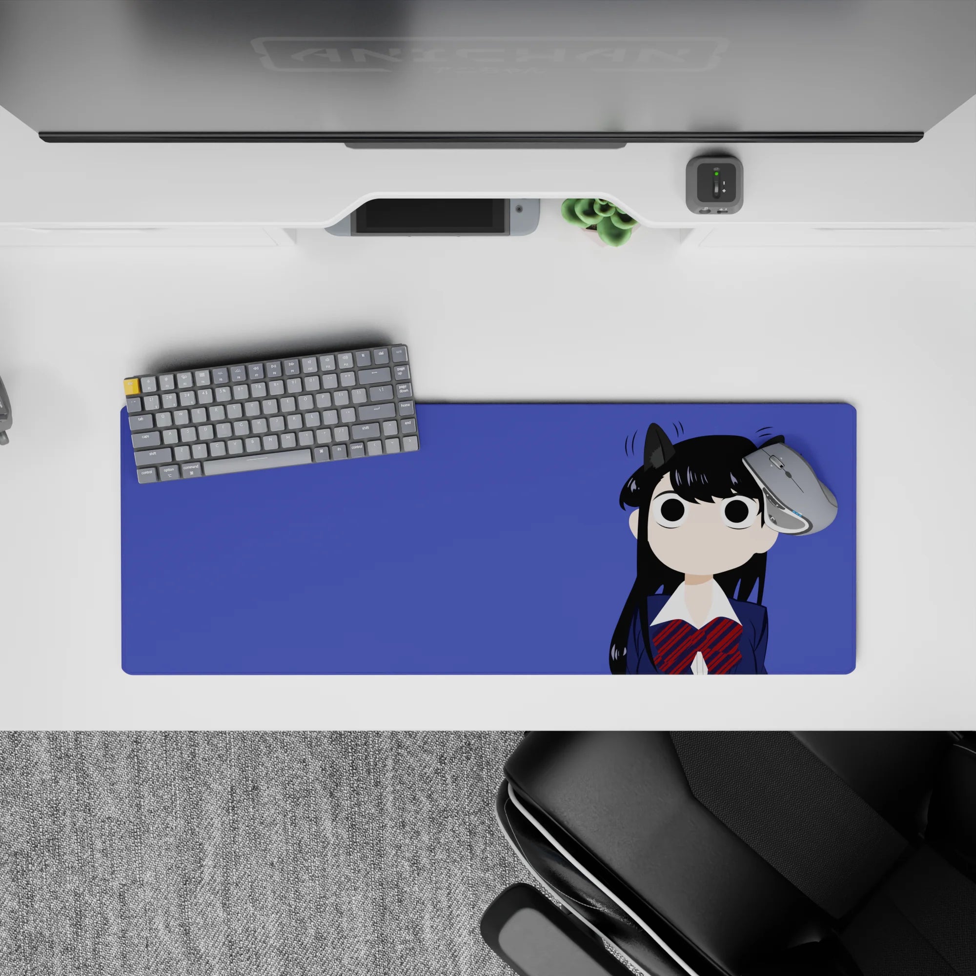 32x12 inches kawaii desk mouse pad with deep violet background, crisp print, cute mischievous anime vibes.