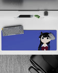 32x12 inches kawaii desk mouse pad with deep violet background, crisp print, cute mischievous anime vibes.