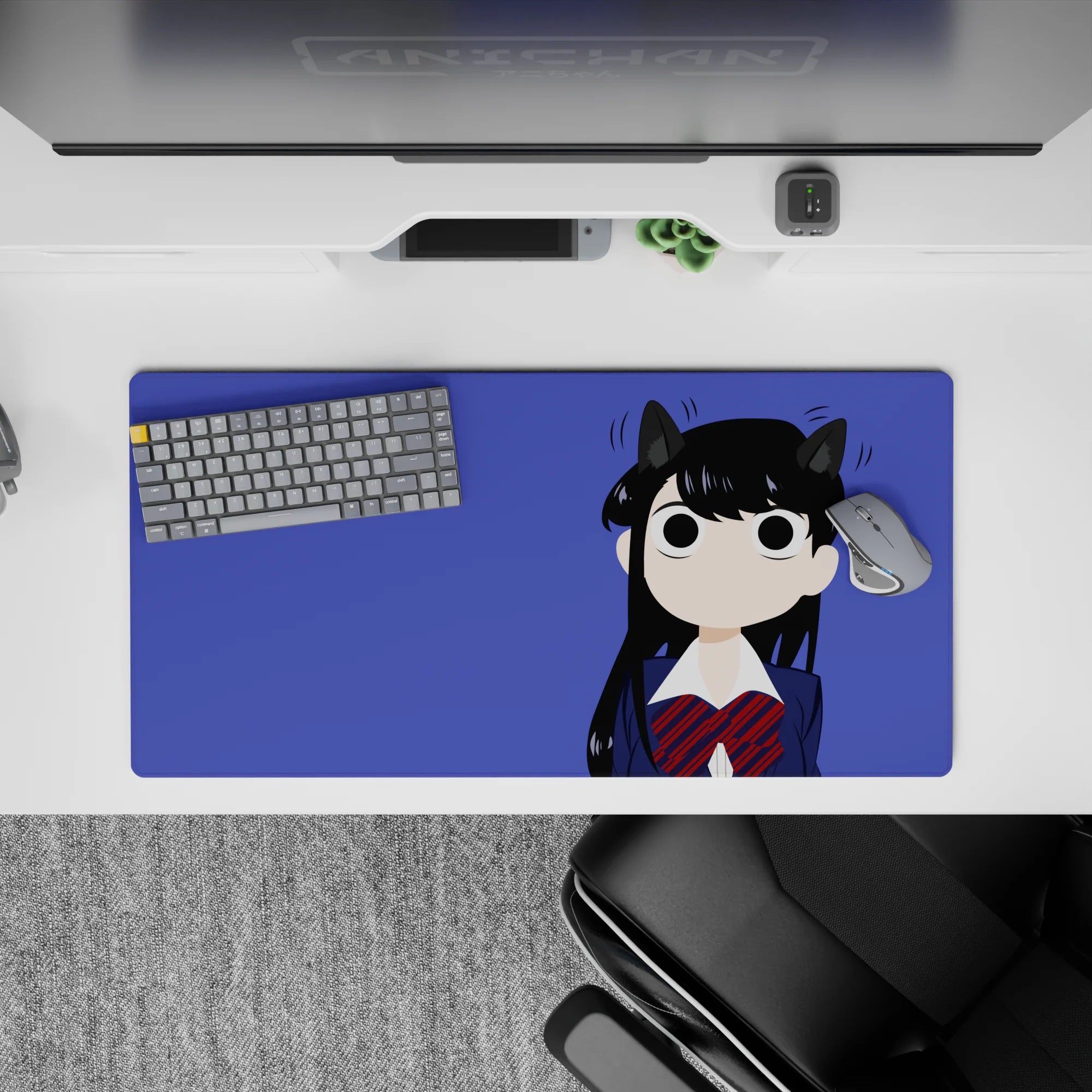 32x16 inches desk mouse pad in deep violet with candy-bright navy and red accents, cute quiet mischievous vibe.