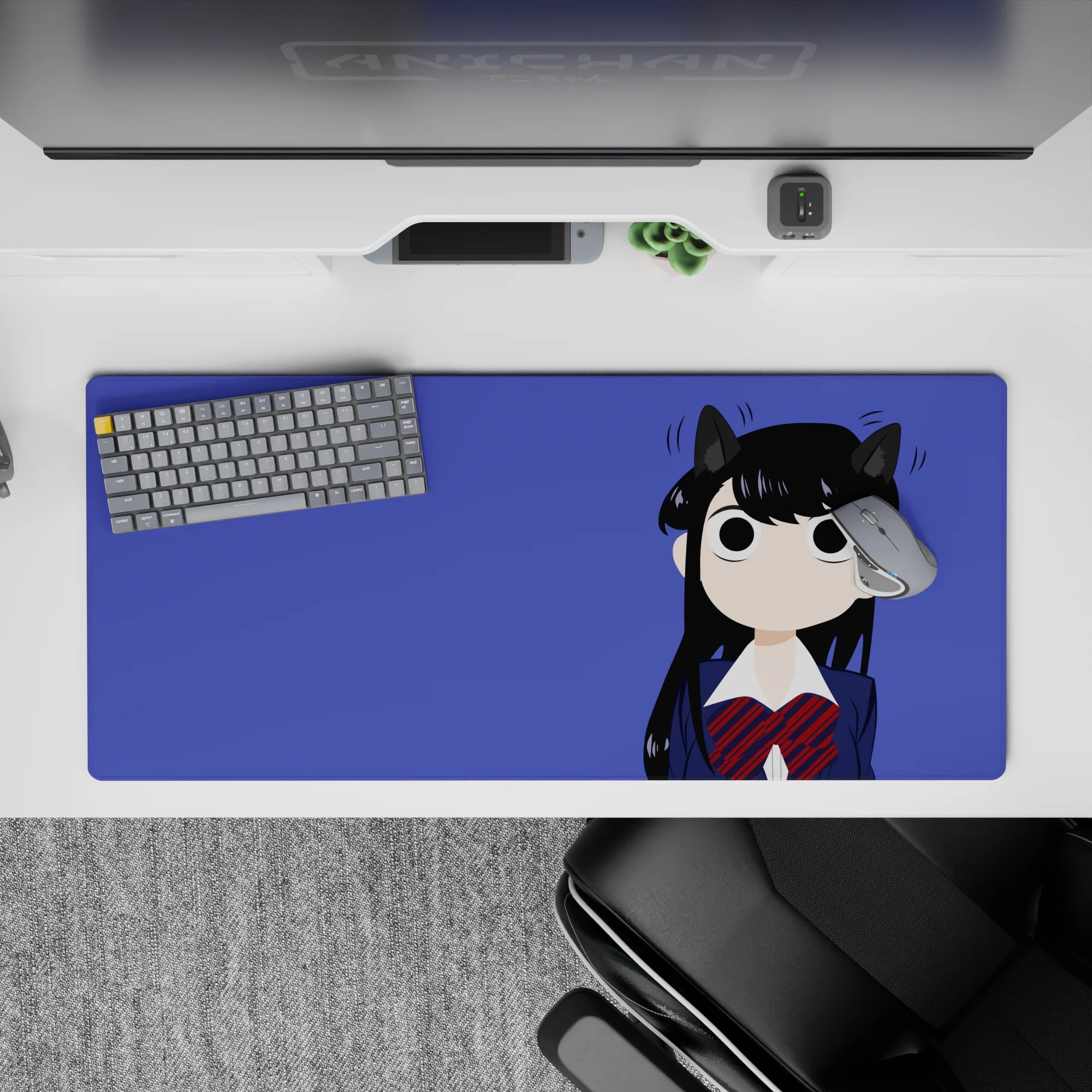 36x16 inches desk pad in deep violet with navy and red accents, cozy cute chaos vibe for gaming or study.