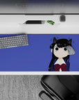36x16 inches desk pad in deep violet with navy and red accents, cozy cute chaos vibe for gaming or study.