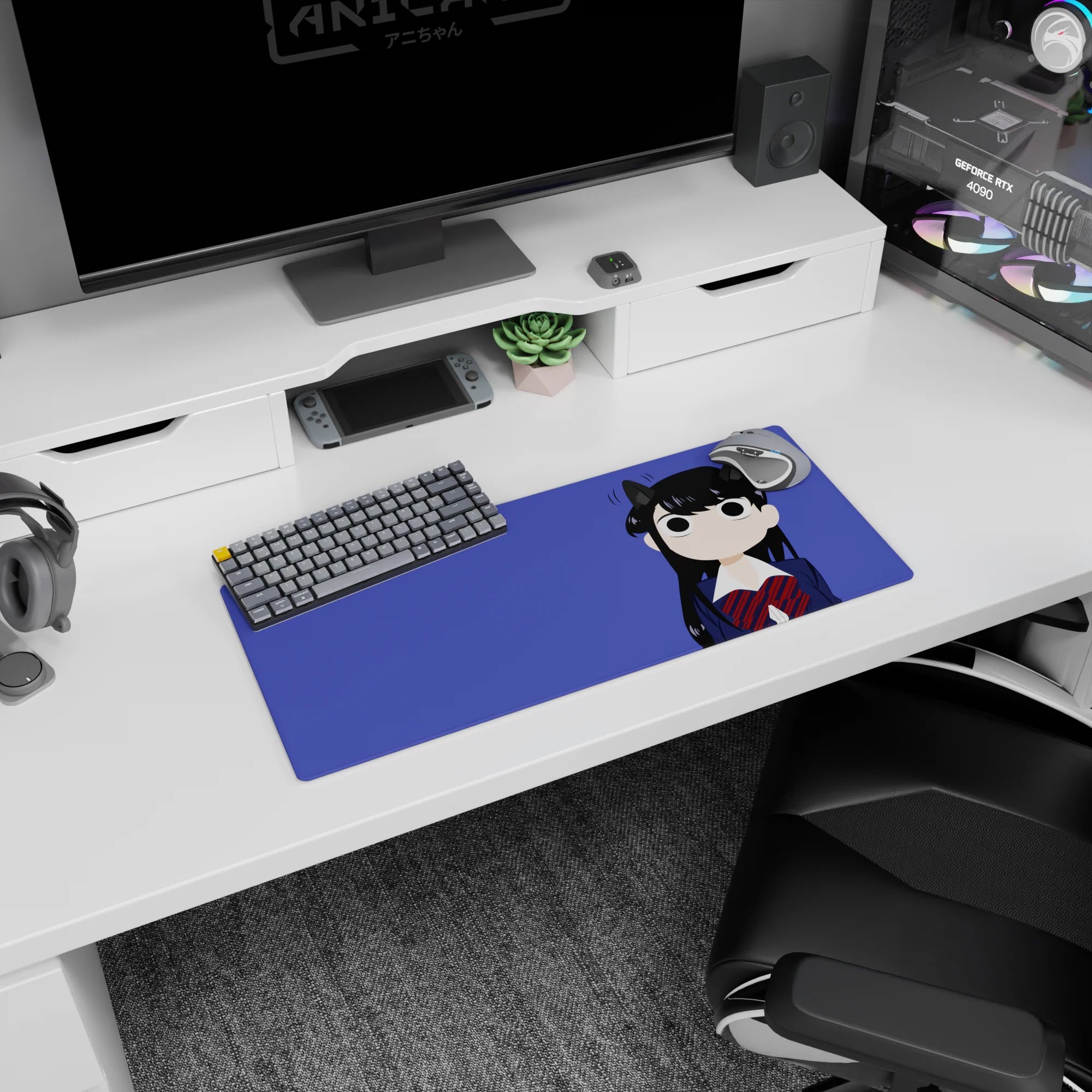 28x12 inches Komi Can't Communicate mouse pad featuring Shouko Komi with tiny cat ears and quiet eyes.