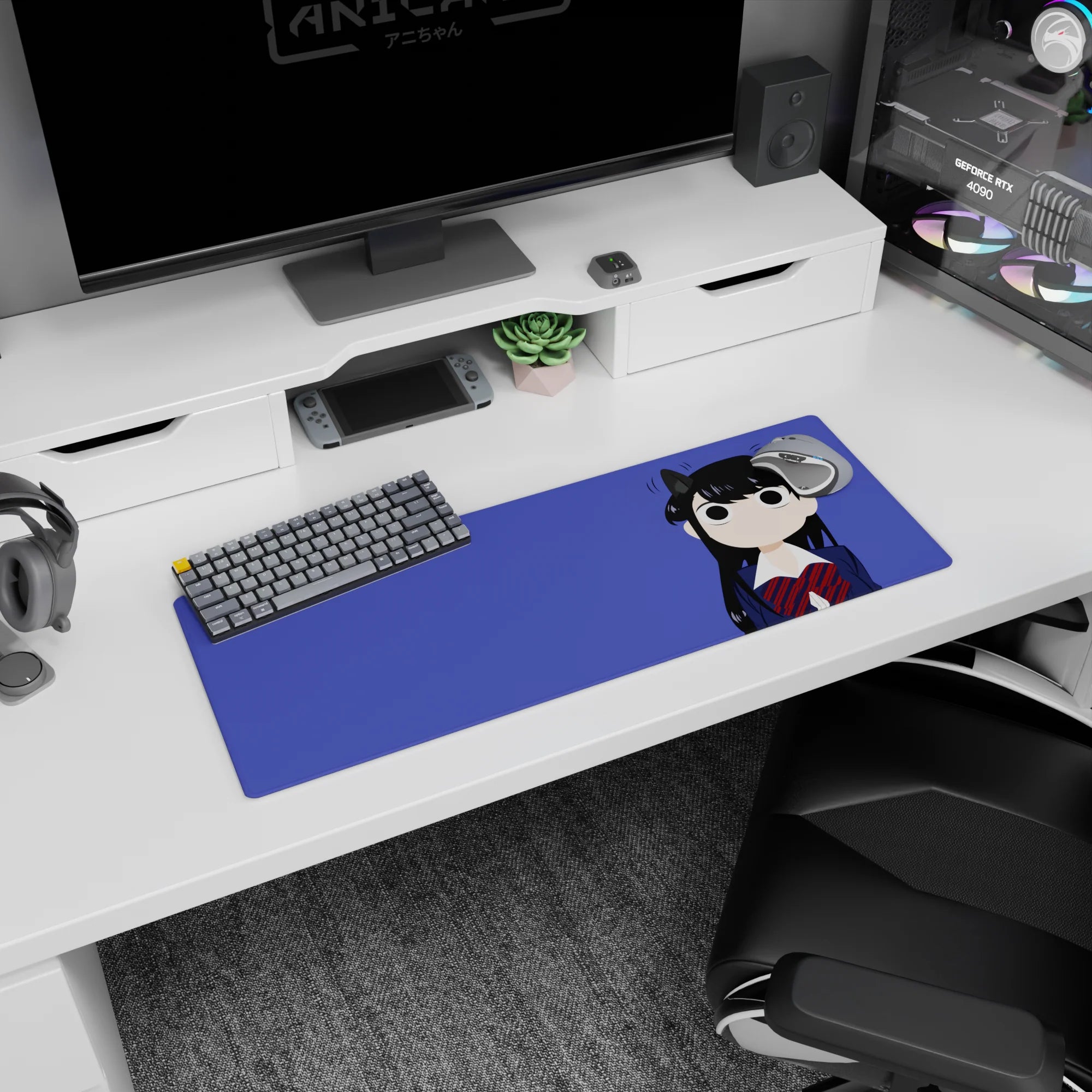 32x12 inches Komi Can't Communicate mouse pad showing Shouko Komi with tiny cat ears and quiet eyes.
