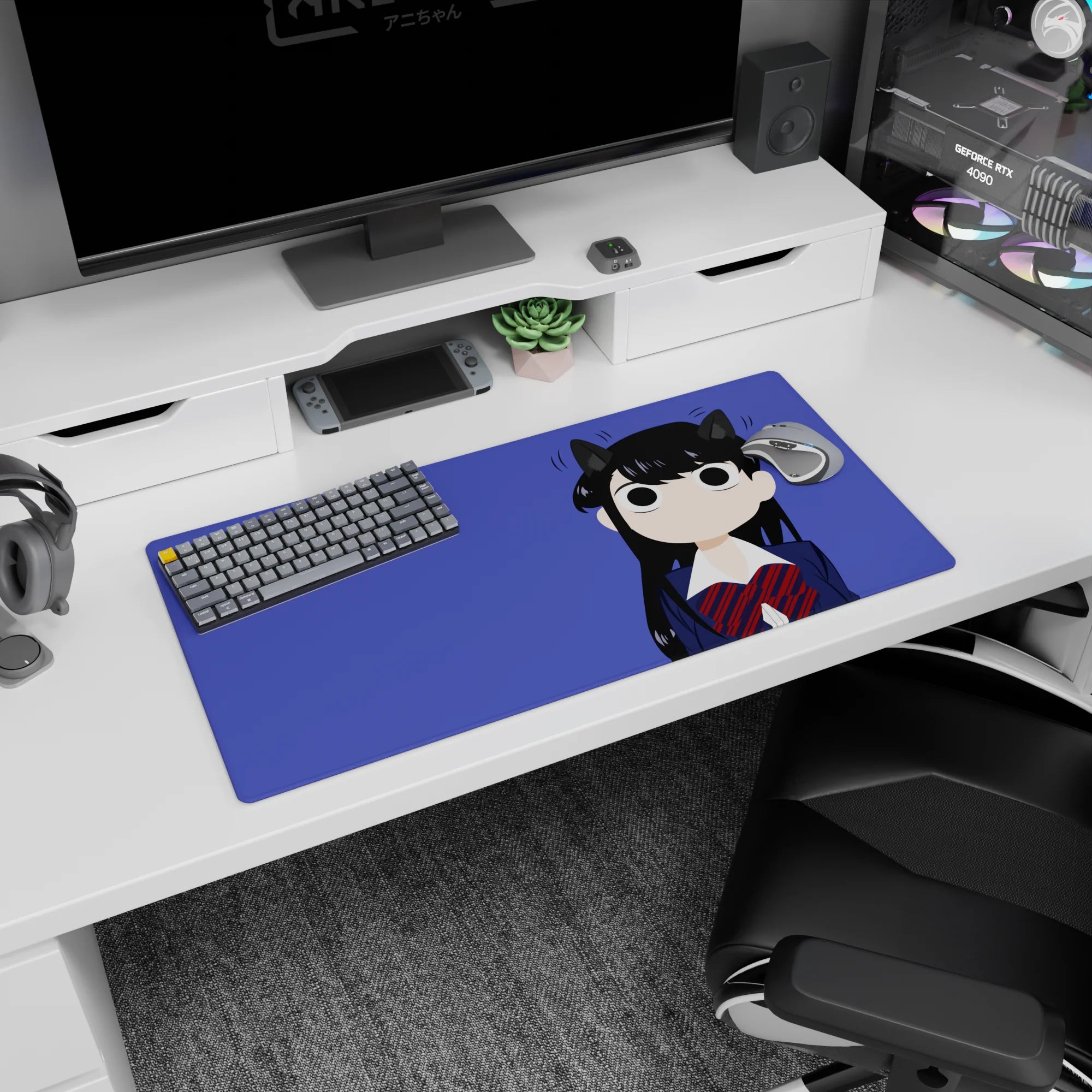 32x16 inches Komi Can't Communicate mouse pad showing Shouko Komi with tiny cat ears and big shy eyes.