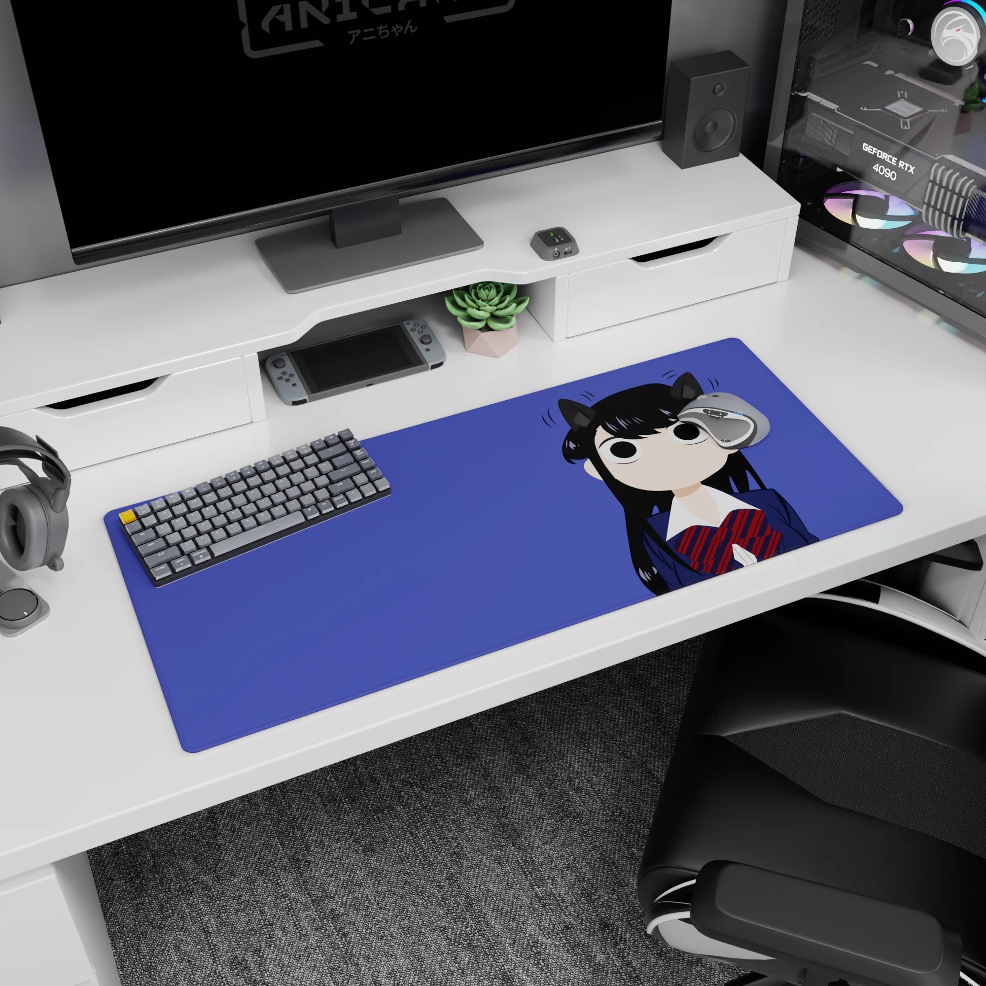 36x16 inches Komi Can't Communicate mouse pad showing Shouko Komi with tiny cat ears and quiet eyes.