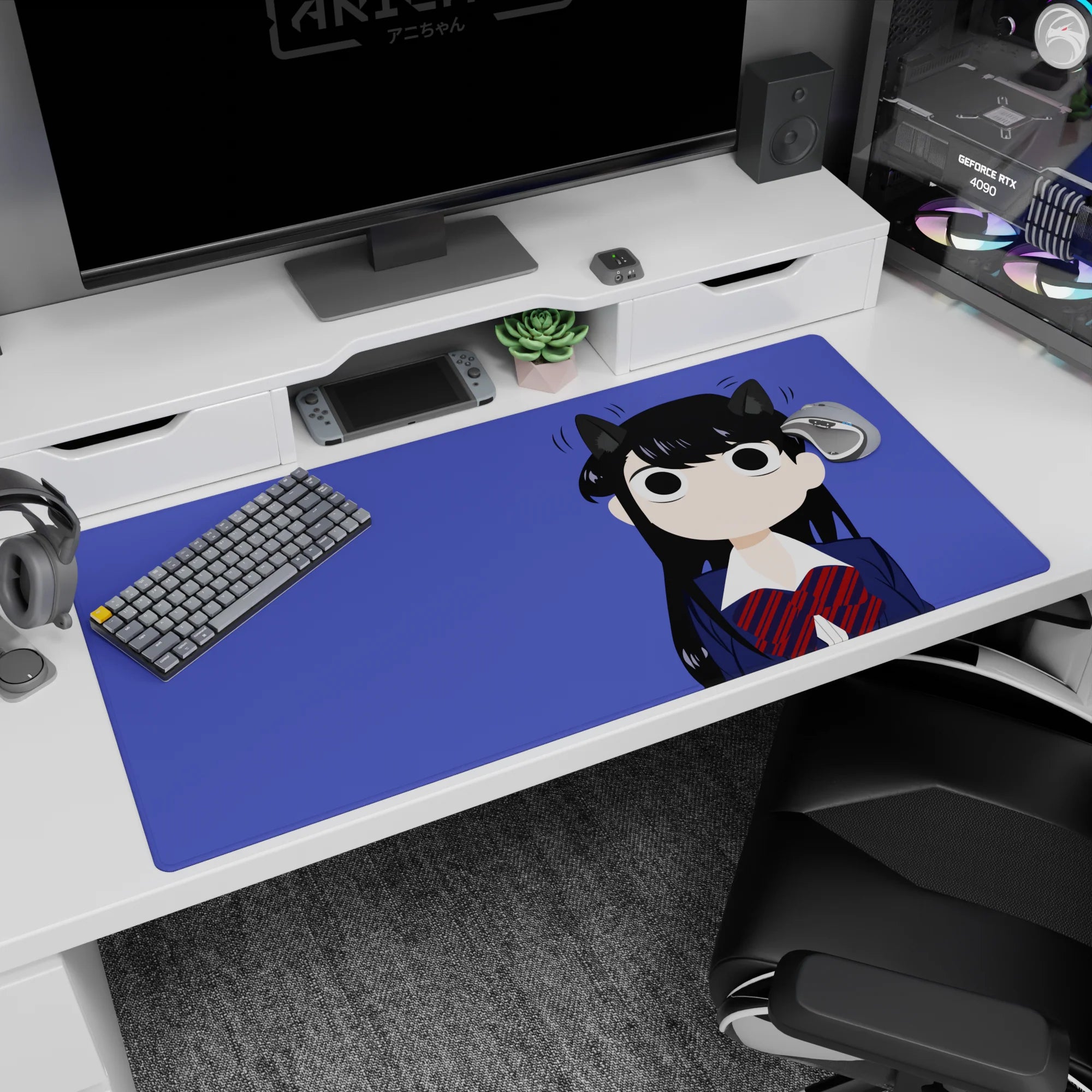 Shouko Komi cat ears close-up on anime desk pad 40x20 inches, quiet eyes, navy uniform, plaid bow.