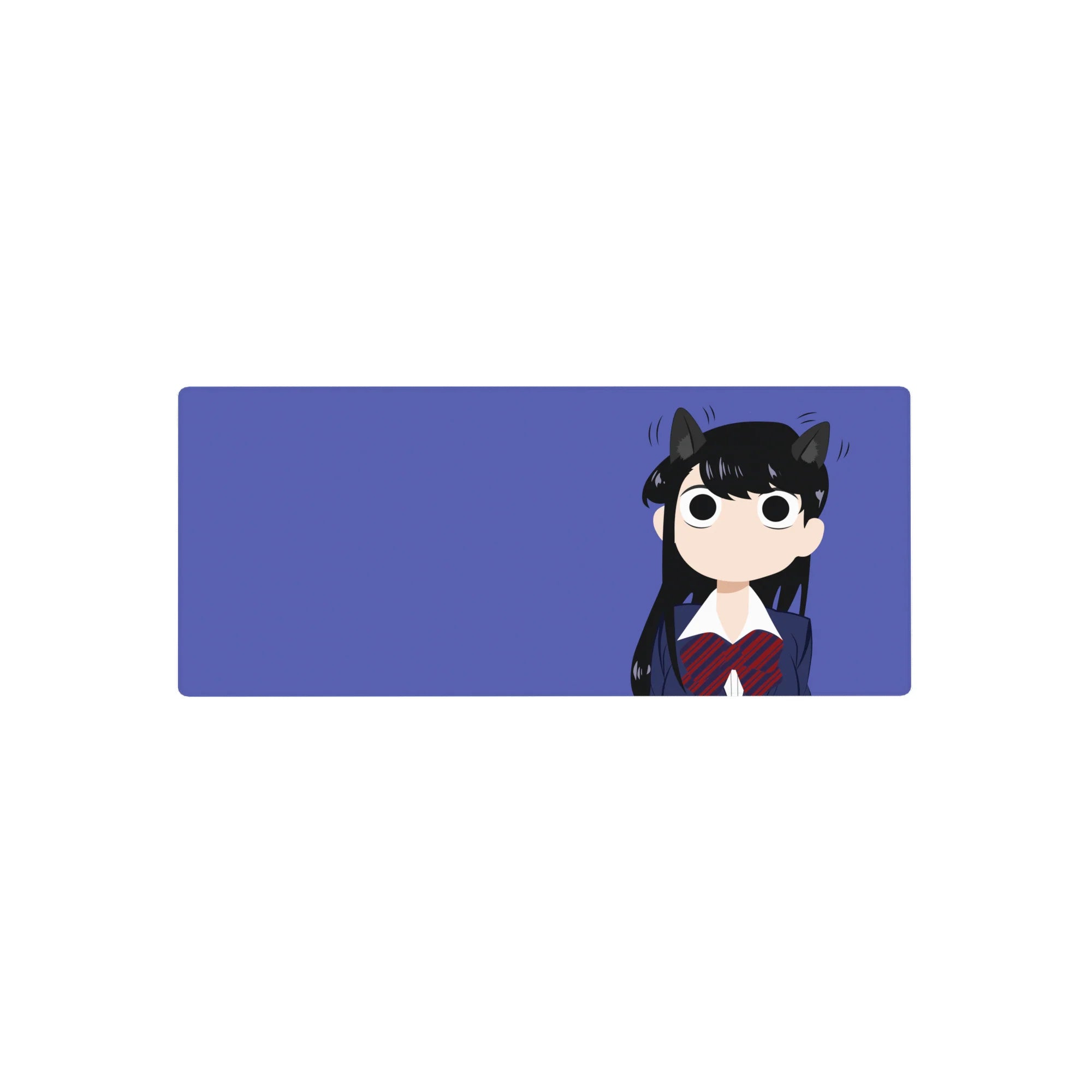 28x12 inches anime girl mouse pad with Shouko Komi cat ears, navy uniform, red plaid bow, violet backdrop.