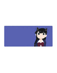 28x12 inches anime girl mouse pad with Shouko Komi cat ears, navy uniform, red plaid bow, violet backdrop.