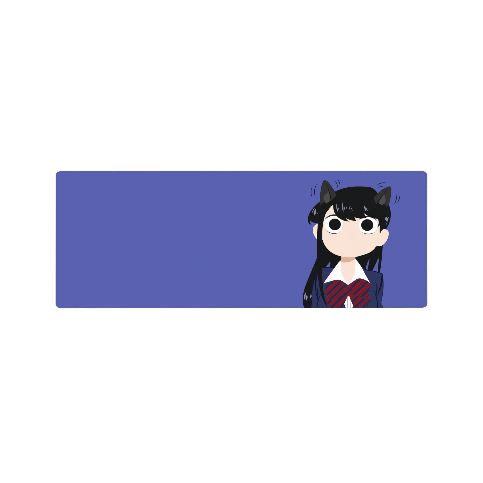 32x12 inches anime girl mouse pad featuring Komi with cat ears, navy uniform, red plaid bow, violet backdrop.