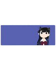 32x12 inches anime girl mouse pad featuring Komi with cat ears, navy uniform, red plaid bow, violet backdrop.