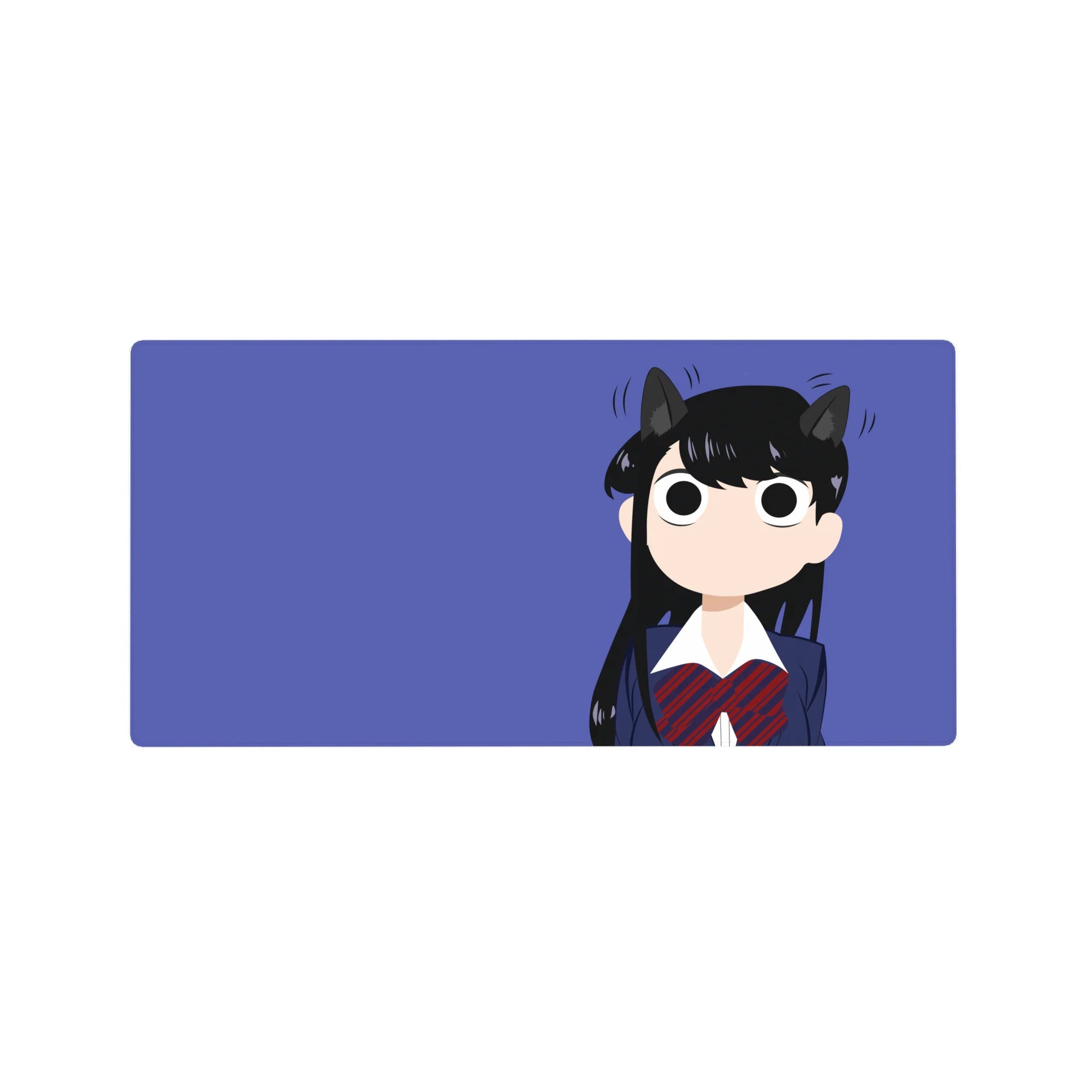 32x16 inches anime girl mouse pad with Shouko Komi cat ears, navy uniform, red plaid bow, violet backdrop.