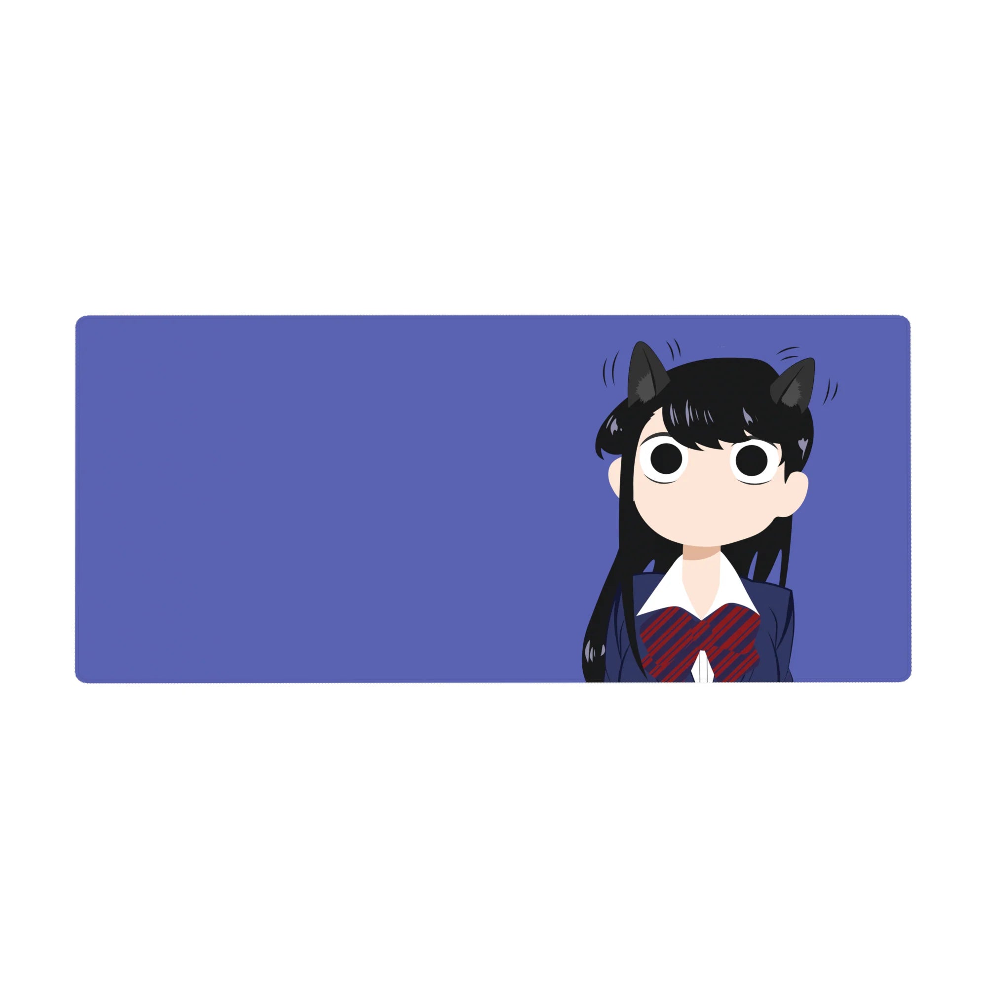 36x16 inches anime girl desk pad with Komi Shouko, cat ears, navy uniform, red plaid bow, violet backdrop.