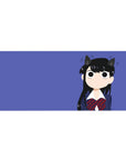 36x16 inches anime girl desk pad with Komi Shouko, cat ears, navy uniform, red plaid bow, violet backdrop.